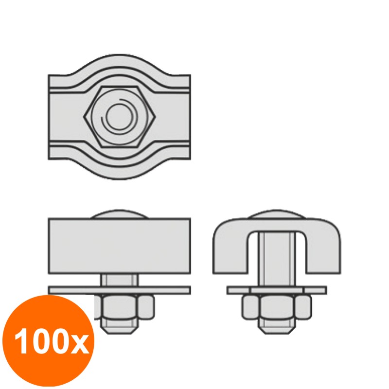 Set 100 x Cleme Simple pentru Cabluri Metalice de Tractiune, 6 mm