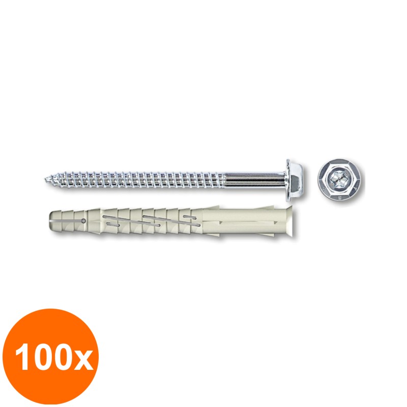 Set 100 x Diblu Nailon 8 x 100 Holzsurub Cap Hexagonal Otel Zincat - 6 x 105