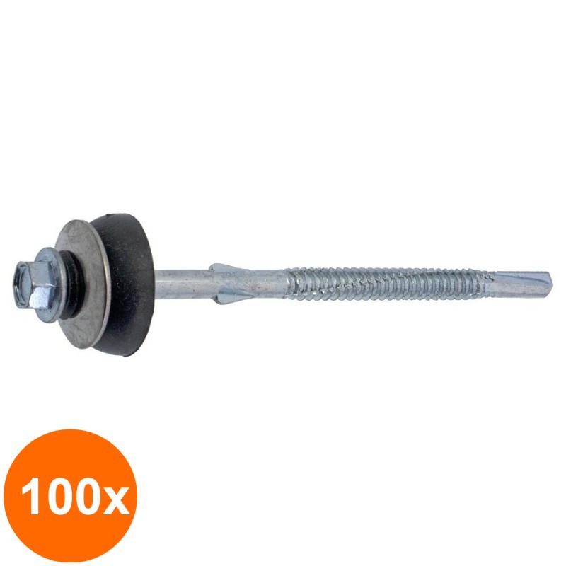 Set 100 x Surub Autoforant Pentru Fibrociment Saiba Cauciucata Otel Zincat-6.3x160