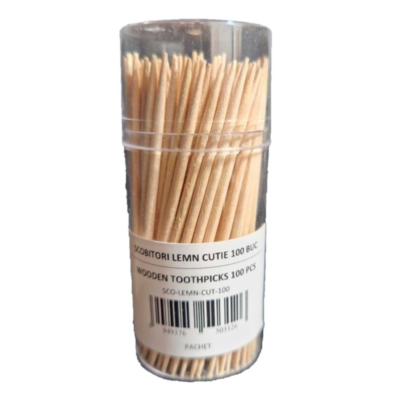 Set 12 x 100 Scobitori din Lemn, in Cutie Transparenta