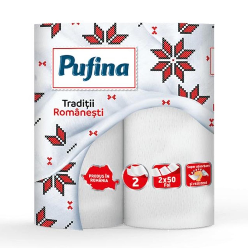 Set 12 x Prosop de Hartie Pufina Traditii Romanesti, 2 Straturi, 2 Role