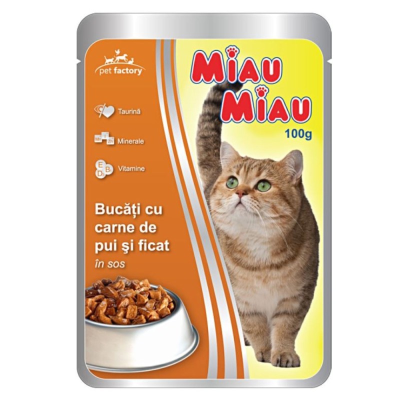 Set 18 x Hrana Umeda pentru Pisici Miau Miau cu Pui si Ficat in Sos, Plic, 100 g