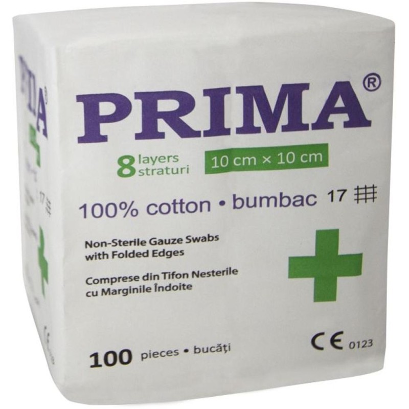 Set 2 x 100 Comprese Nesterile Tifon, 10 cm x 10 cm, Pliate in 8, Material Tesut, Prima