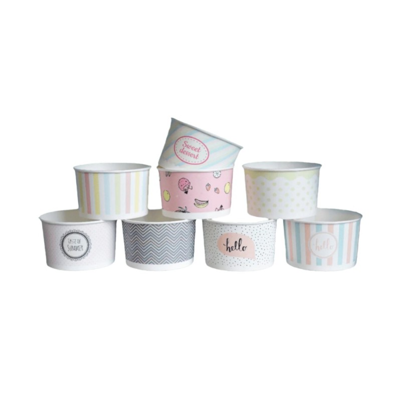 Set 2 x 100 Pahare din Carton pentru Inghetata, Pastel, Diverse Modele, 160 ml