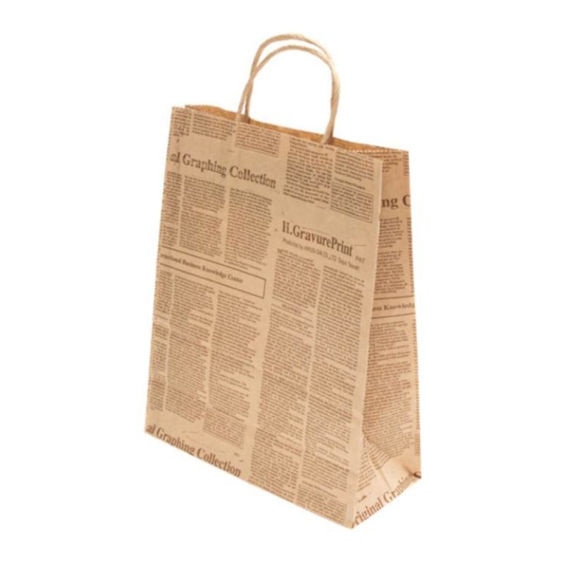 Set 2 x 100 Pungi din Hartie cu Maner Sfoara, Model Ziar, 25 x 10 x 30 cm