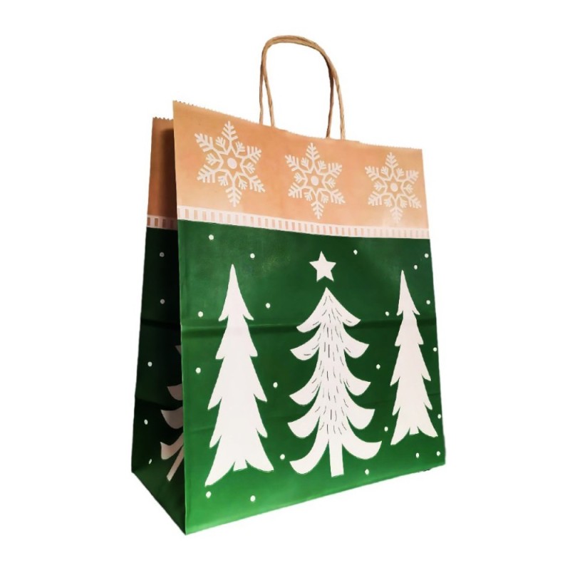 Set 2 x 100 Pungi din Hartie cu Manere, Model Brazi, 32 x 17 x 34.5 cm