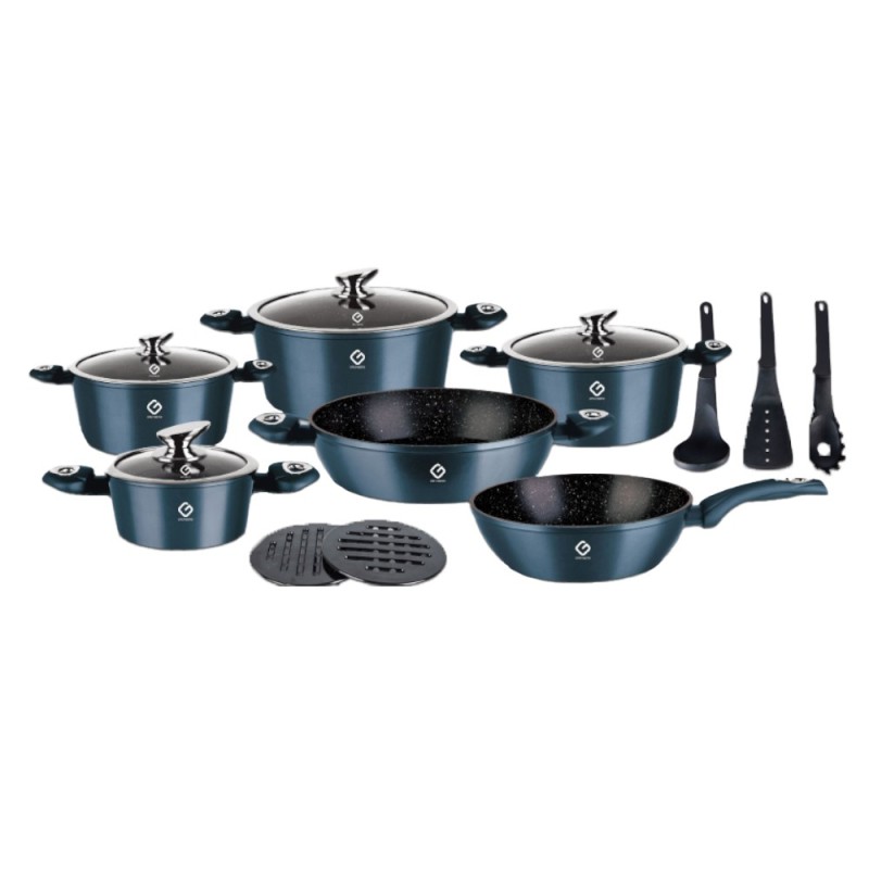 Set 2 x 15 Vase din Aluminiu, Albastre, Capace din Sticla, Compatibile cu Plita cu Inductie, Grunberg