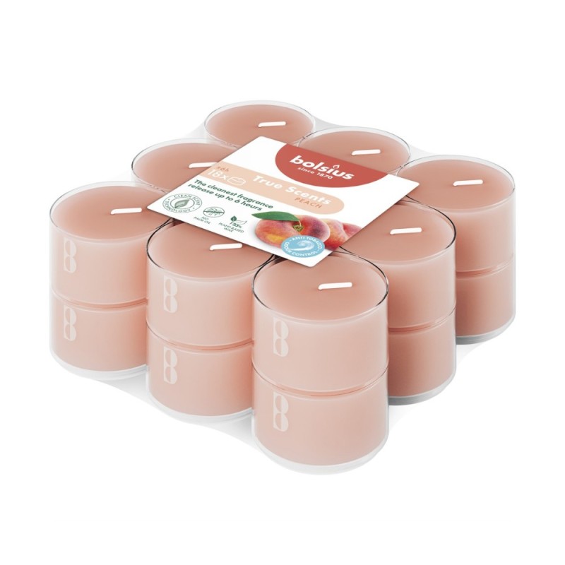 Set 2 x 18 Lumanari Pastila in Pahar Bolsius, Piersica, 6 Ore