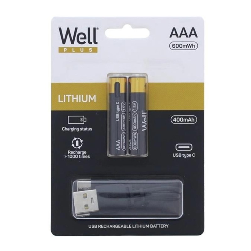 Set 2 x 2 Acumulator AAA (R3) Li-ion 10440 1.5V 400mAh, 600mWh, Incarcare USB-C, Well