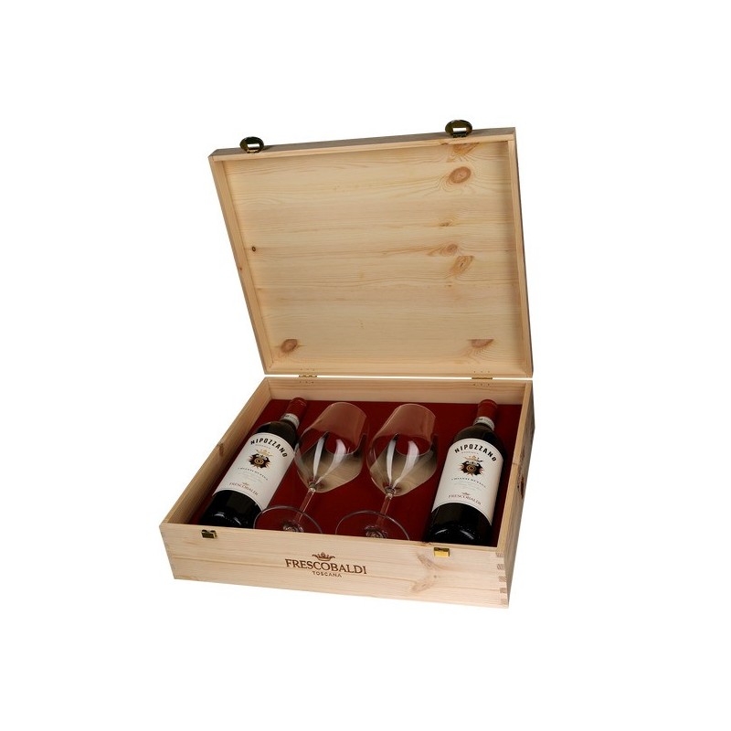 Set 2 x 2 Sticle Vin Rosu Frescobaldi Chianti Rufina Italia Nipozzano Riserva, Sec Docg 0.75 l, 2 Pahare In Cutie Lemn