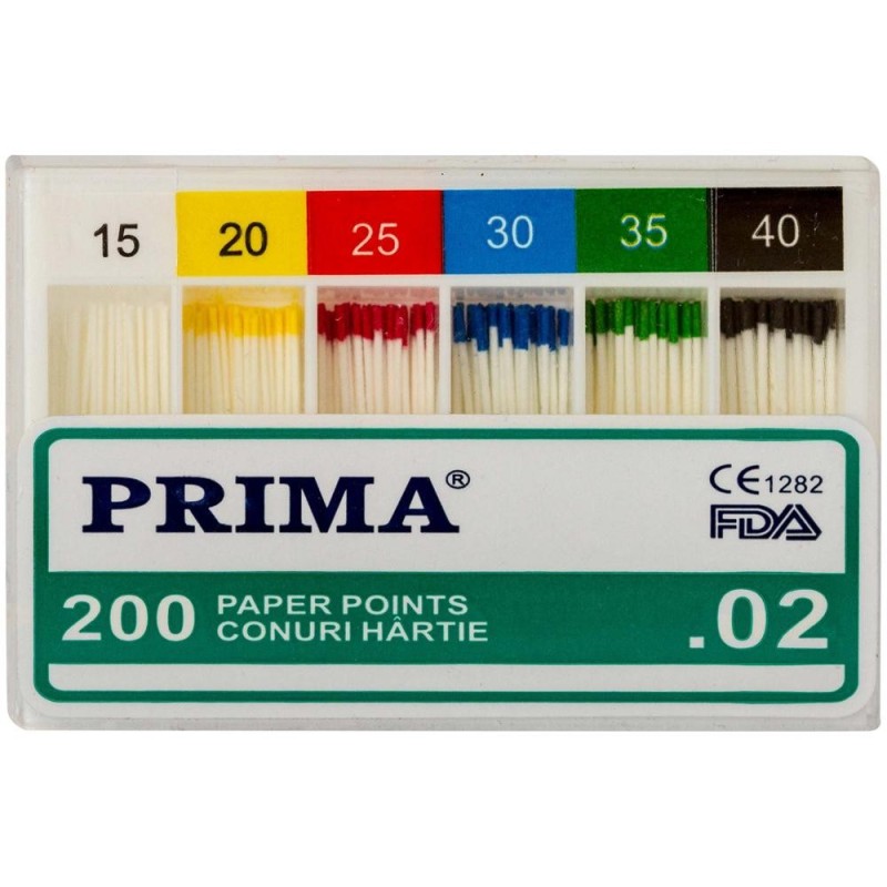 Set 2 x 200 Conuri din Hartie Absorbanta .02 Taper, Asortate Nr.45-80, pentru Uscarea Canalelor Radiculare, Prima