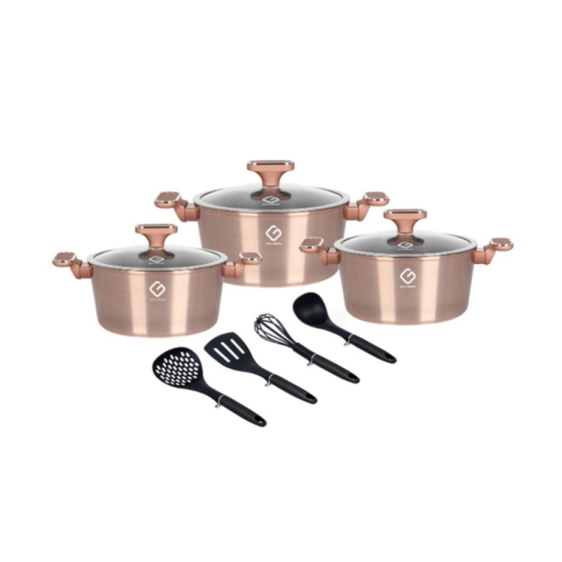 Set 2 x 3 Vase din Aluminiu cu Capace din Sticla si 4 Ustensile, Aurii, Compatibile cu Plita cu Inductie, Grunberg