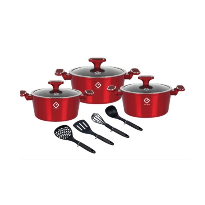 Set 2 x 3 Vase din Aluminiu cu Capace din Sticla si 4 Ustensile, Rosii, Compatibile cu Plita cu Inductie, Grunberg