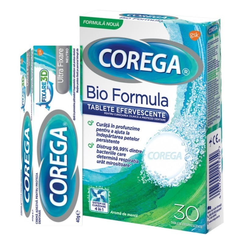 Set 2 x 30 Crema Adeziva pentru Proteza Neutro 40 g Tablete Bioformula, Corega