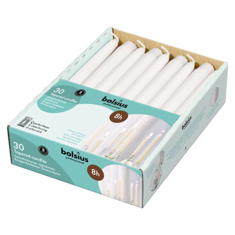 Set 2 x 30 Lumanare Conica Bolsius Alb, 8 Ore