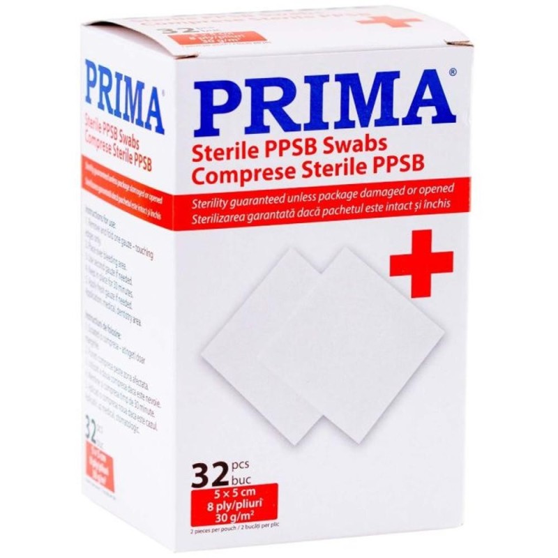 Set 2 x 32 Plicuri Comprese Sterile PPSB, 5 cm x 5 cm, Pliate in 8, Material Netesut, 2 Bucati/Plic, Prima