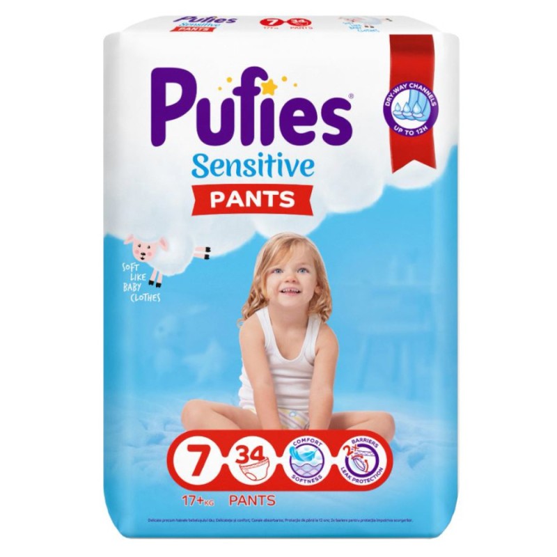 Set 2 x 34 Scutece Chilotel Pufies Sensitive Pants, 7 Extra Large, 17+ kg
