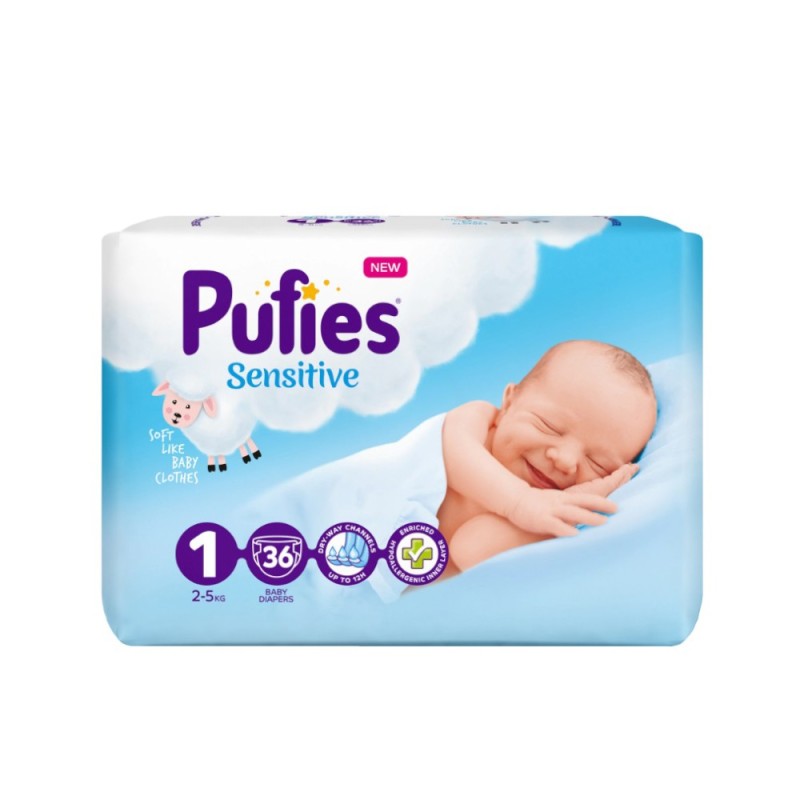 Set 2 x 36 Scutece Pufies Sensitive New Born Nr. 1