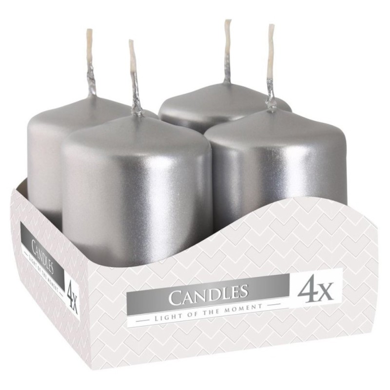 Set 2 x 4 Lumanari Stalp Bispol, 40 x 60 mm, Argintiu