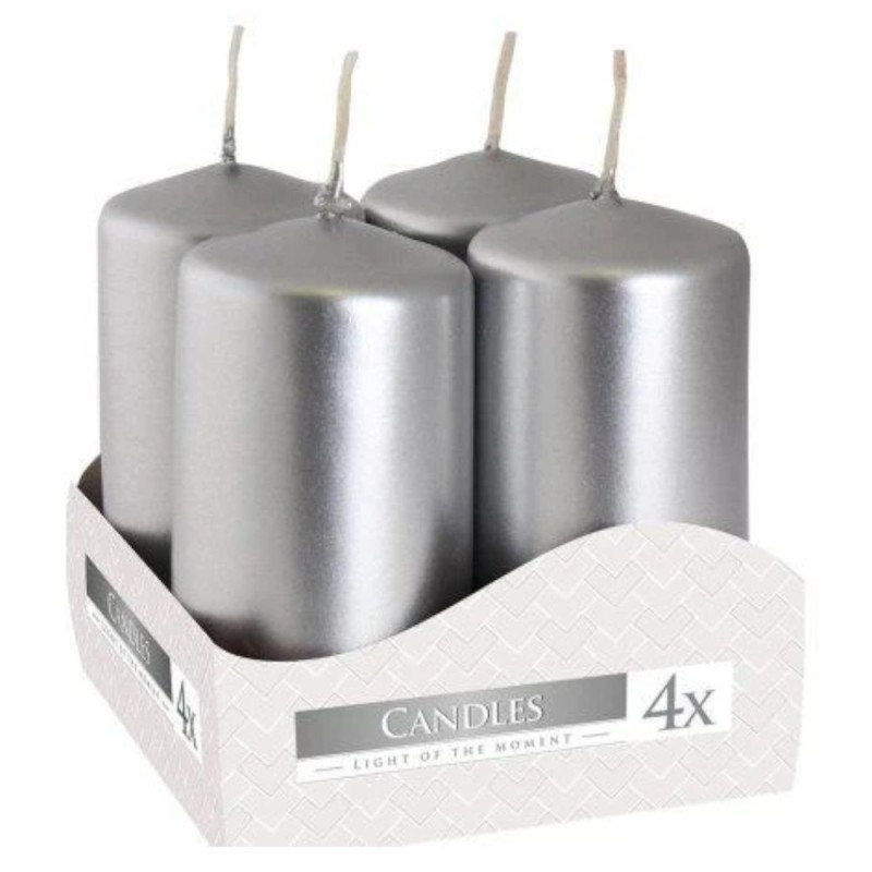 Set 2 x 4 Lumanari Stalp Bispol, 40 x 80 mm, Argintiu