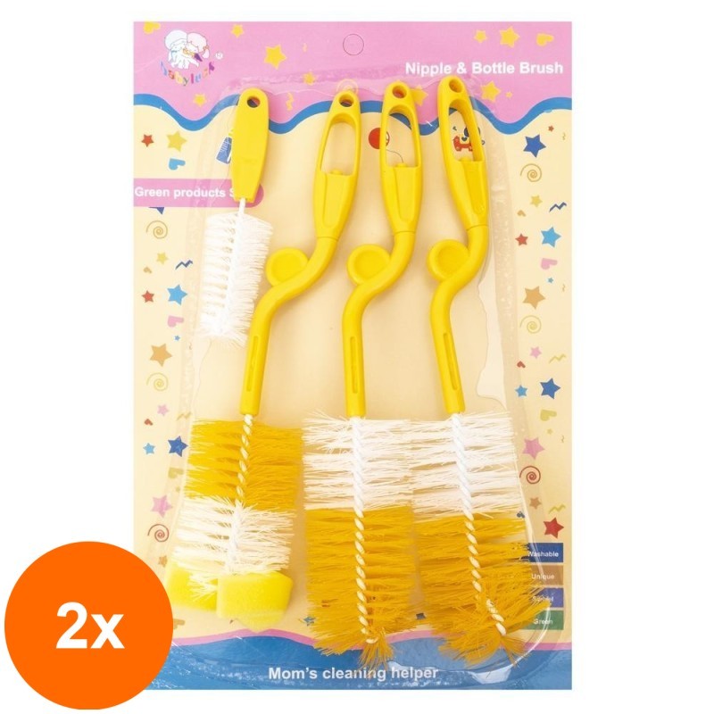Set 2 x 4 Perii Curatare Biberoane si Tetine, Galben
