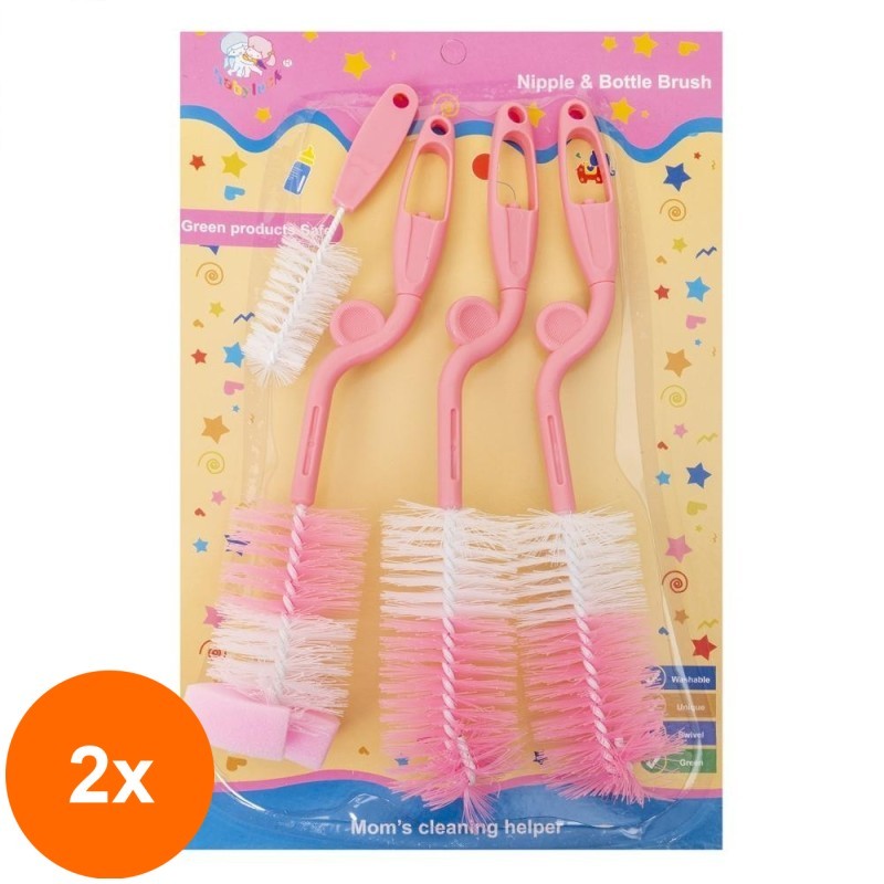 Set 2 x 4 Perii Curatare Biberoane si Tetine, Roz
