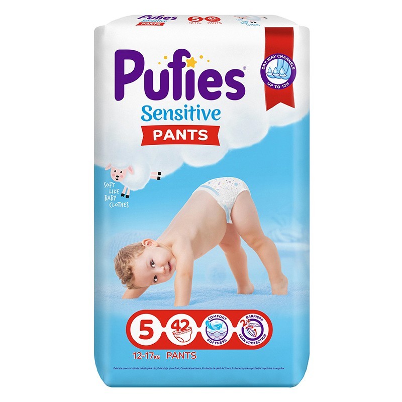 Set 2 x 42 Scutece-chilotel Pufies Pants Sensitive Junior, Marimea 5, 12-17 kg