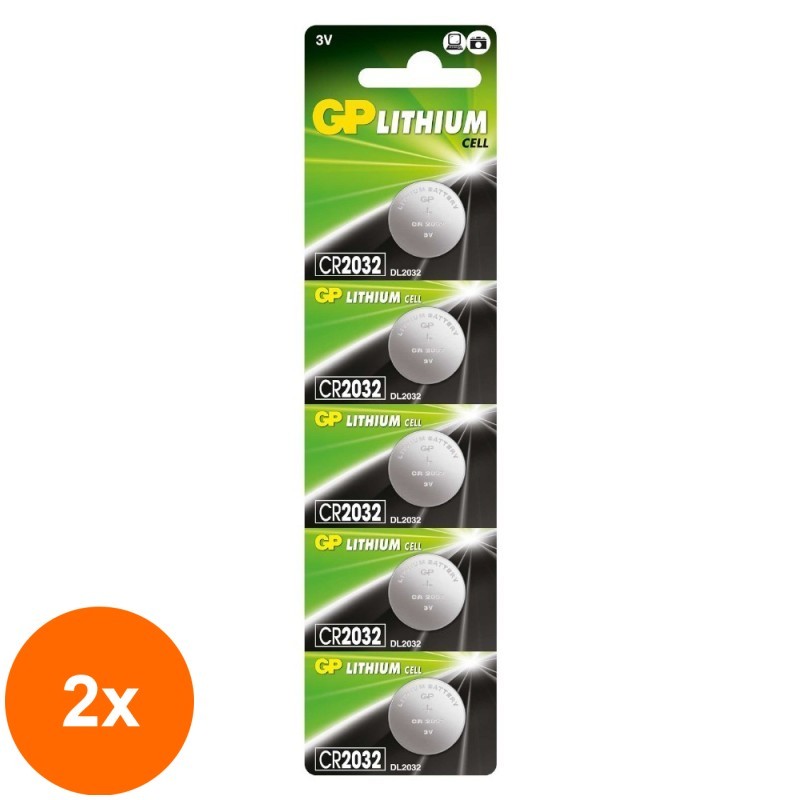 Set 2 x 5 Baterii Tip Buton Litiu GP, 3 V, 20 x 3.2 mm