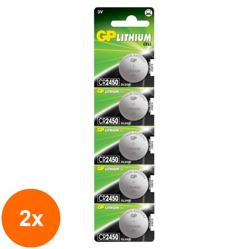 Set 2 x 5 Baterii Tip Buton Litiu GP, 3 V, 24.5 x 5 mm