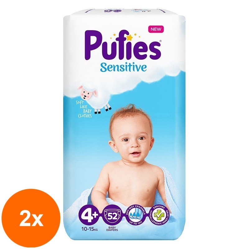 Set 2 x 52 Scutece Pufies Sensitive, 4+ Maxi+, Maxi Pack, 10-15 kg