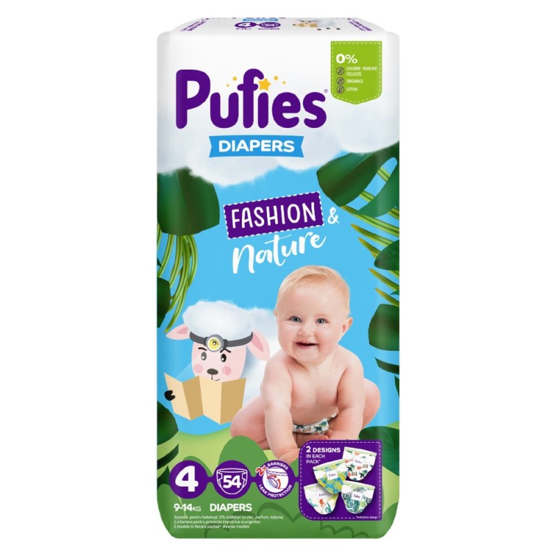 Set 2 x 54 Scutece Pufies Fashion & Nature, Maxi Pack, 4 Maxi, 9-14 kg