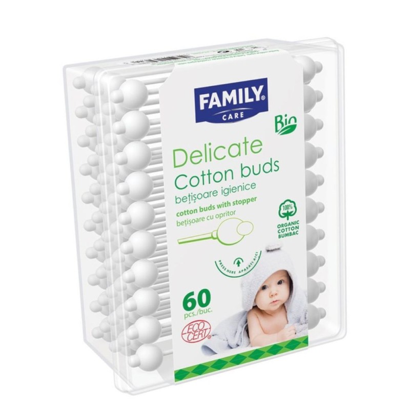Set 2 x 60 Betisoare de Urechi cu Opritor, Delicate Bio, Family Care