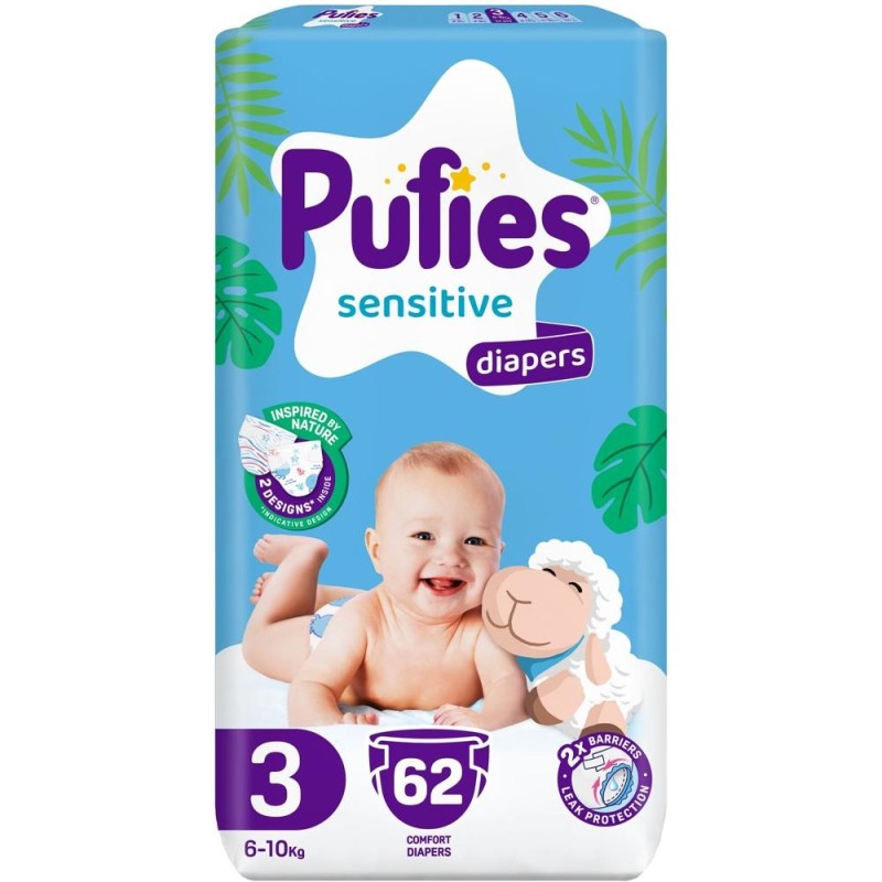 Set 2 x 62 Scutece Pufies Sensitive Maxi, Marimea 3 Midi, 6-10 kg