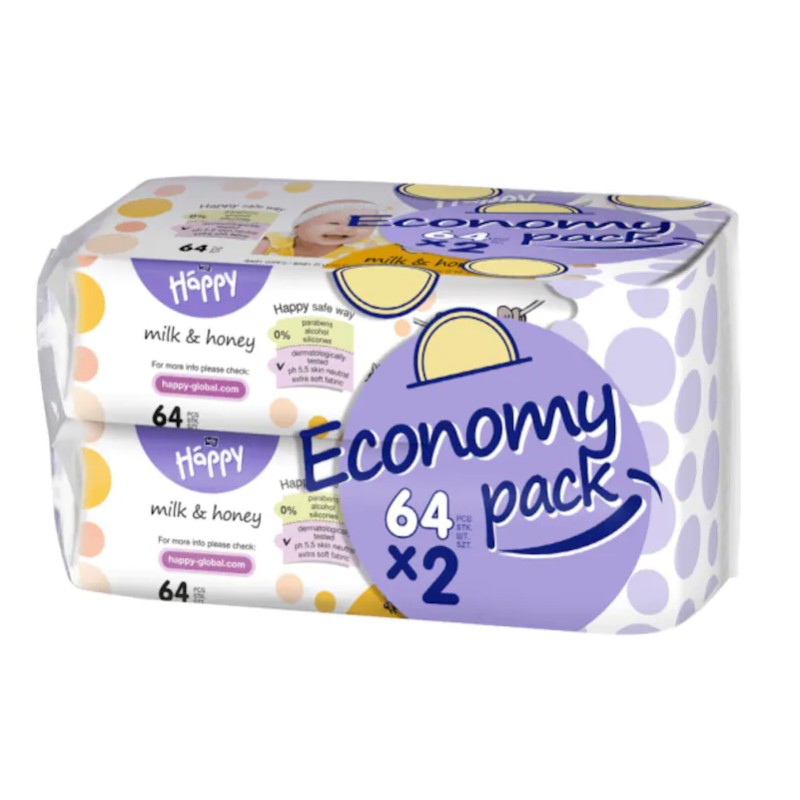 Set 2 x 64 Servetele Umede Lapte si Miere Happy Milk&Honey