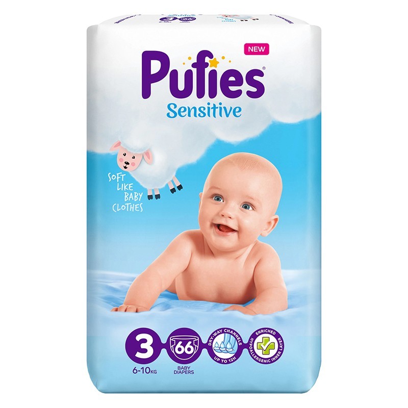 Set 2 x 66 Scutece Pufies Sensitive, 3 Midi, Maxi Pack, 6-10 kg