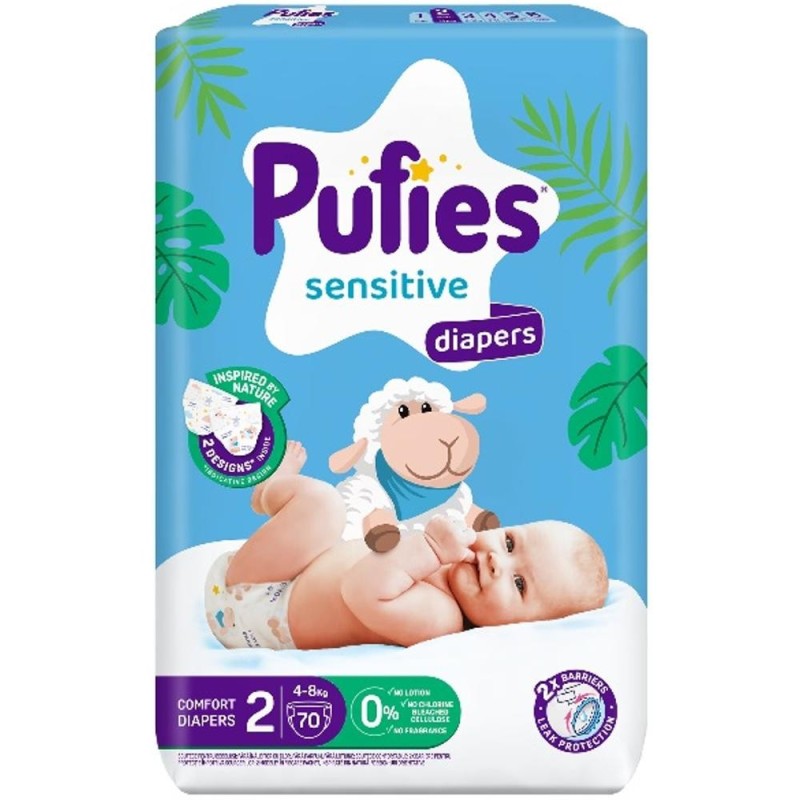 Set 2 x 70 Scutece Pufies Sensitive Maxi, Marimea 2 Mini, 4-8 kg