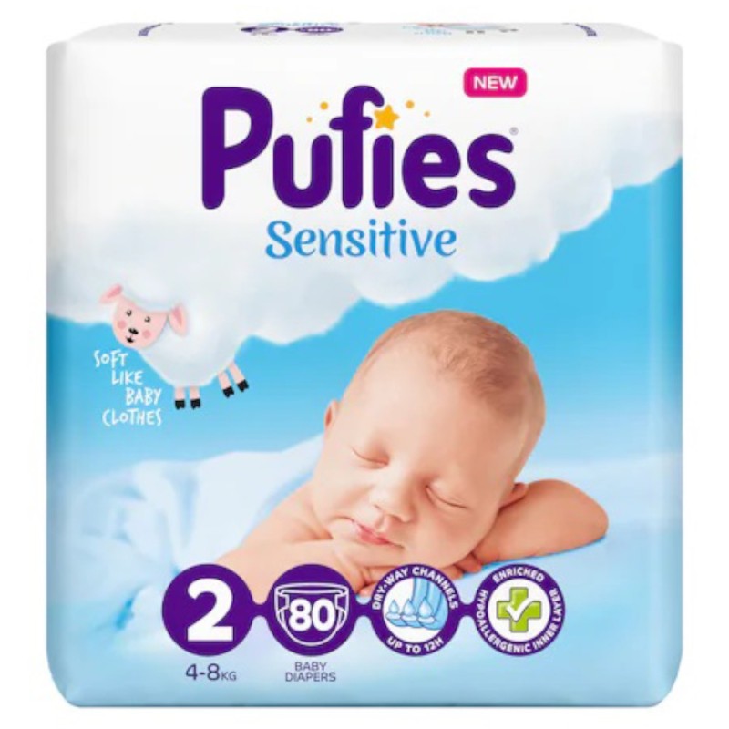 Set 2 x 80 Scutece Pufies Sensitive Nr 2 Mini, Maxi Pack, 4-8 kg