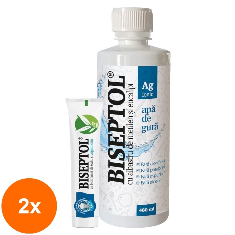 Set 2 x Apa de Gura cu Argint Ionic Biseptol, 480 ml si Mostra Pasta de Dinti 15 ml