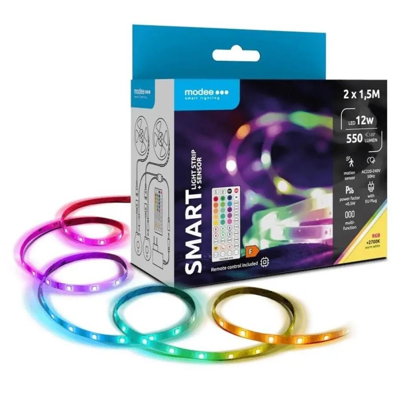 Set 2 x Banda LED Smart Modee, 12 W, Senzor de Miscare, Telecomanda, 2700 K + RGB, 550 lm, IP20, 3 m