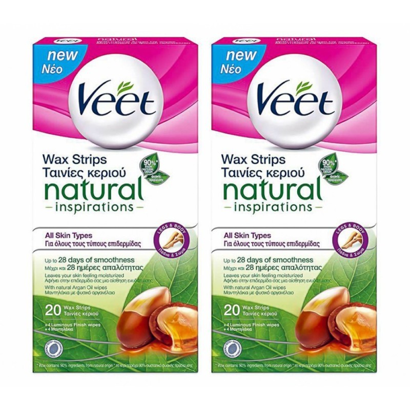 Set 2 x Benzi Depilatoare de Ceara Rece Veet Natural Inspirations, pentru Corp, cu Ulei de Argan, 20 Benzi