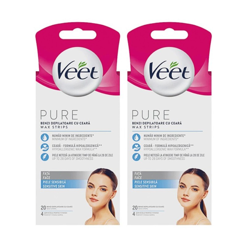 Set 2 x Benzi Depilatoare de Ceara Rece Veet Pure, pentru Fata, 20 Benzi