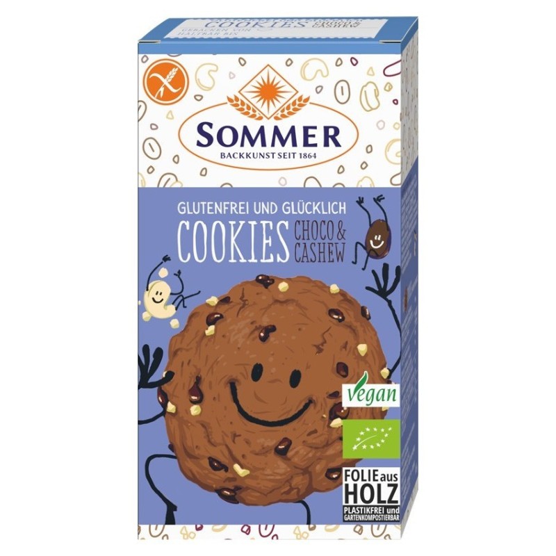 Set 2 x Biscuiti BIO, fara Gluten cu Ciocolata si Caju, 125 g, Sommer