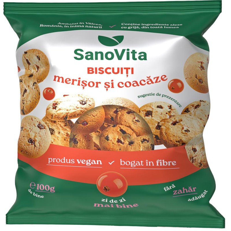 Set 2 x Biscuiti cu Merisor si Coacaze, 100 g, fara Zahar Adaugat, Sanovita