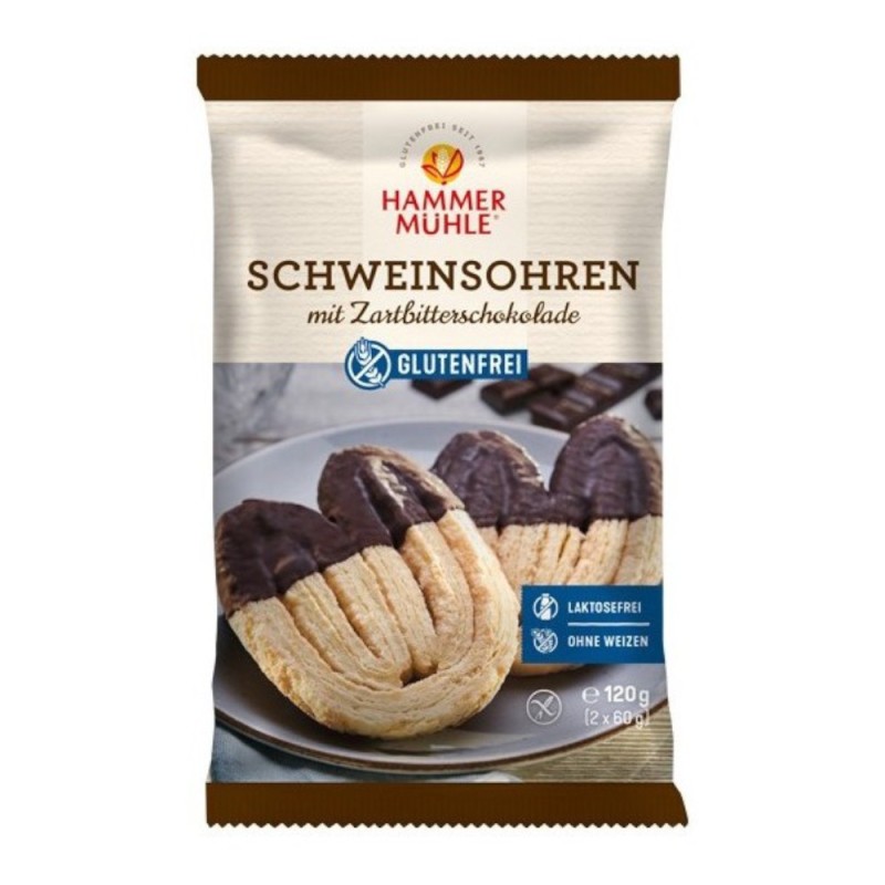 Set 2 x Biscuiti Striati Tip Potcoava, fara Gluten, cu Glazura de Ciocolata Neagra, Hammer Muhle, 120 g