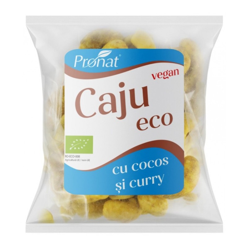 Set 2 x Caju Bio Condimentat cu Aroma de Curry si Nuca de Cocos, 50 g