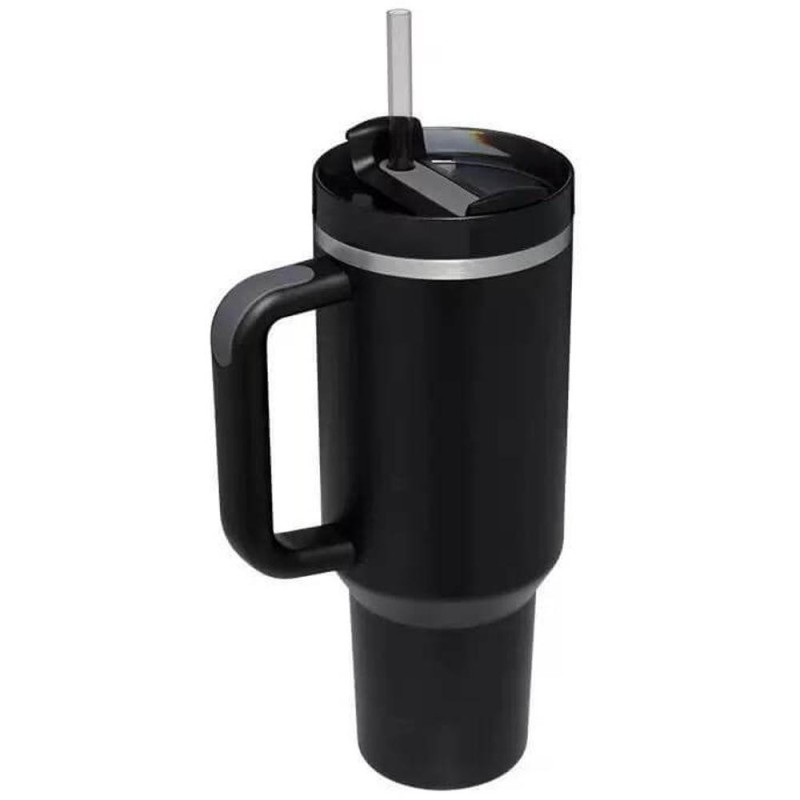 Set 2 x Cana Termica din Inox cu Paie, Perete Dublu, 1183 ml, Negru, Newalor