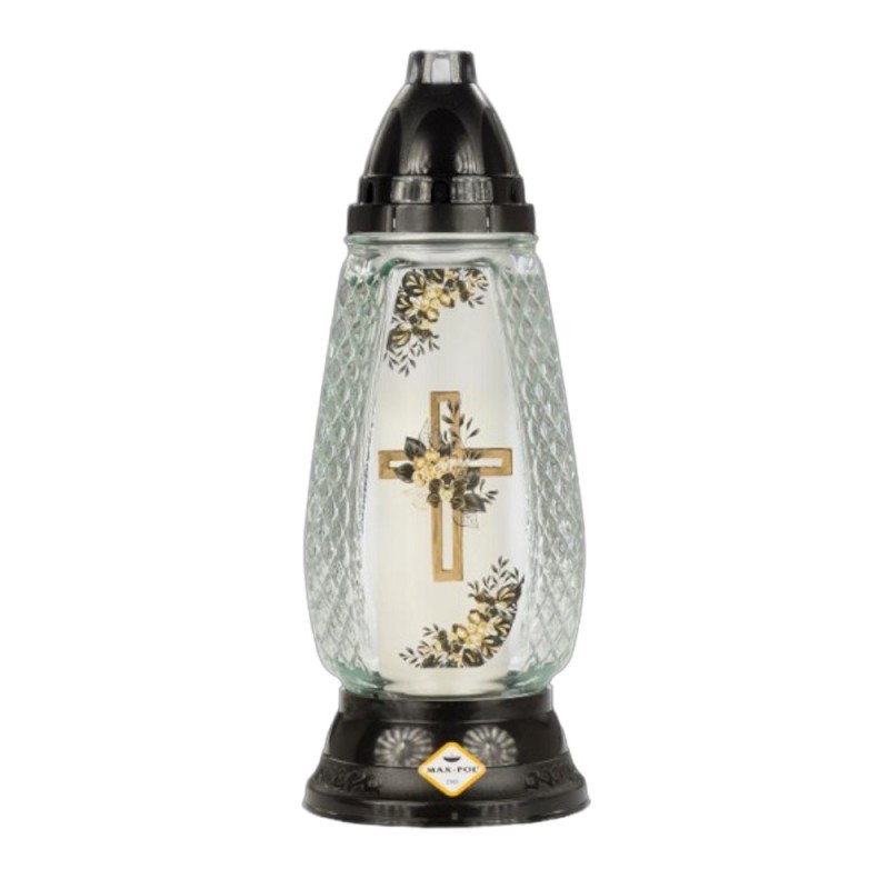 Set 2 x Candela din Sticla cu Cruce si Flori, Aurie, 41 Ore