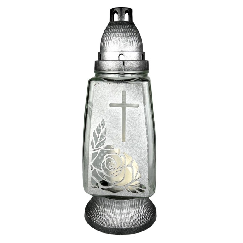 Set 2 x Candela din Sticla cu Decoratiune Argintie Traforata cu Cruce, 30 Ore