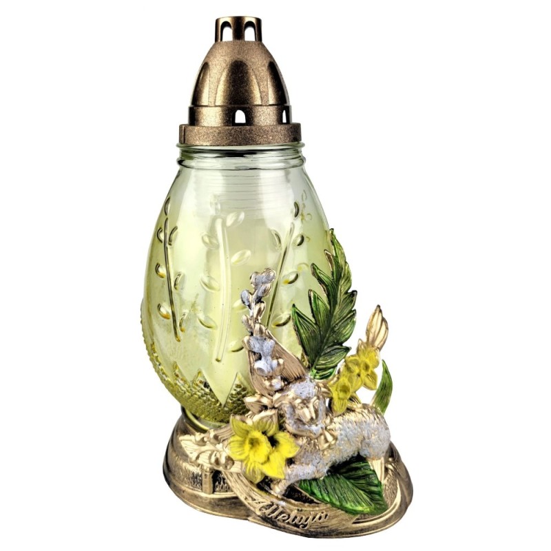 Set 2 x Candela din Sticla cu Decoratiune Pasti, Miel si Flori