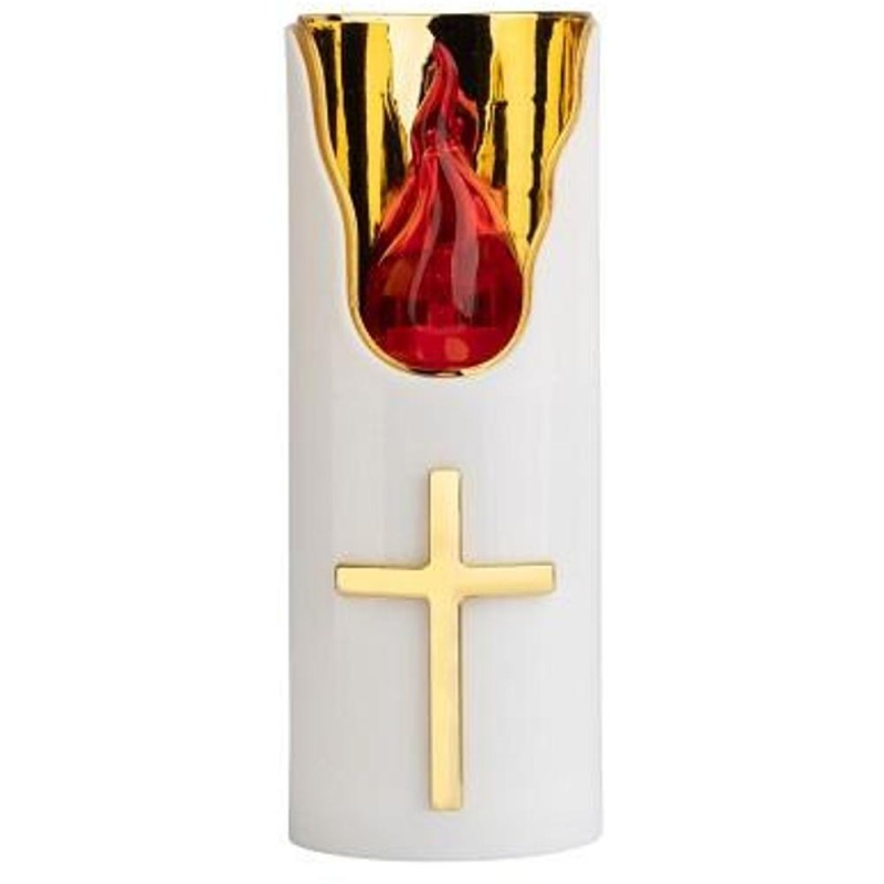 Set 2 x Candela Electronica, Alba cu Flacara Galbena si Ornament Cruce Aurie, 125 x 50 mm